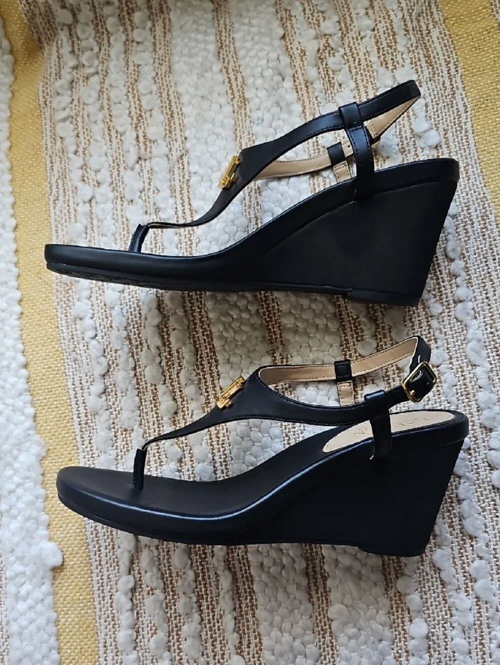 Lauren Ralph Lauren Black Gold RL Logo Wedge Sandals